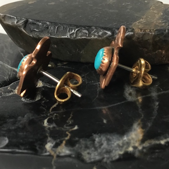 Vintage Copper Turquoise Earrings Thunderbird Southwest Style Pierced - Picture 5 of 12